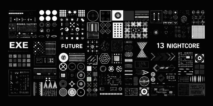 Collection Of Cyberpunk Graphic Elements In Black And White Futuristic Digital Design Set