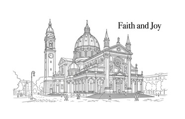 Obraz premium Elegant Cathedral Illustration, Faith and Joy Architecture, Religious Landmark Line Art, Sacred Building Facade, Spiritual Monument Drawing