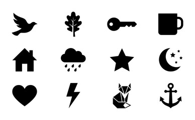 Fototapeta premium Set of 12 Black Silhouette Icons: Bird, Oak Leaf, Key, Mug, House, Rain Cloud, Star, Moon, Heart, Lightning Bolt, Fox, Anchor. Simple Vector Graphics for Design Projects.