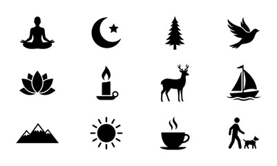 Fototapeta premium Diverse Vector Icons: Meditation, Nature, Spirituality, and Lifestyle Symbols for Graphic Design Projects