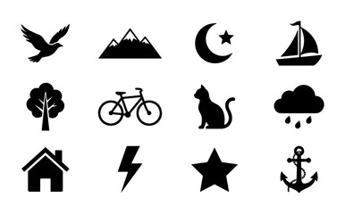 Obraz premium Diverse Vector Icons Collection: Nature, Travel, Home, and Symbols, Black Silhouette Graphics for Web and Print Design