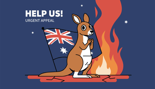 Australia wildfire rescue appeal with kangaroo and flag
