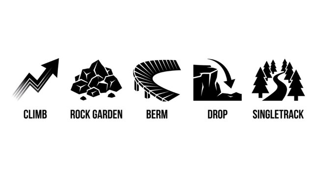 Mountain Bike Trail Features and Terrain Icon Set Isolated on White Background Vector