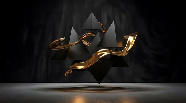 Black geometric triangles wrapped in flowing gold ribbon.