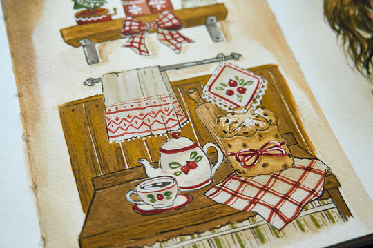 Cozy Christmas kitchen watercolor illustration in a sketchbook