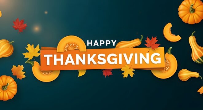 Festive background with pumpkins and autumn leaves for a happy thanksgiving day celebration and holiday greeting card