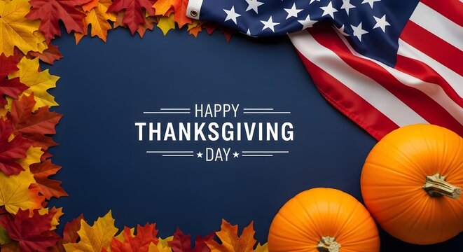 Happy thanksgiving day greeting card featuring autumn leaves pumpkins and a united states flag background flat lay