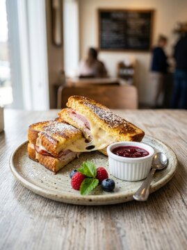 Monte Cristo sandwich with melted cheese, ham, and berry jam on plate in cafe