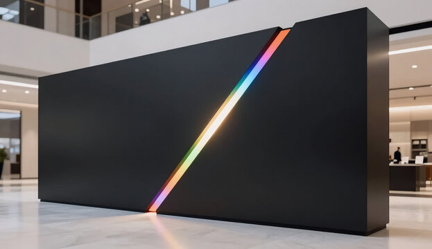 Modern minimalist architectural 3D render of a black monolith with a glowing rainbow spectrum fracture
