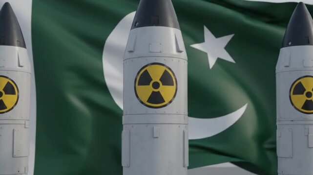 Nuclear missiles positioned before the national flag of pakistan