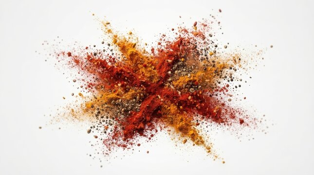 Dynamic explosion of mixed ground spices and aromatic seasonings scattering outward in a vibrant starburst pattern