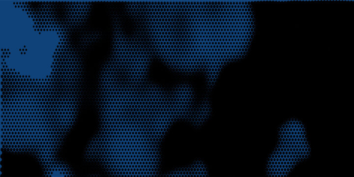 Hexagonal grid halftone pattern smooth blurred fluid texture ultra wide 32:9 aspect ratio navy blue vector abstract background. Hexagon half tone ultrawide format futuristic high-tech abstraction