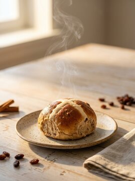 Hot cross bun with steam on wooden table