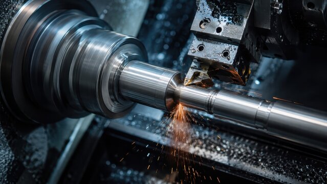 image.pngHeavy industrial CNC lathe machine cutting precision metal shaft with glowing sparks flying during manufacturing process
