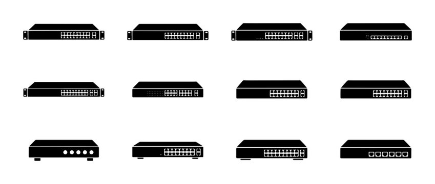 Network Switch Icons, Ethernet Hub Collection, Router Device Set, Computer Networking Hardware Vector Graphics