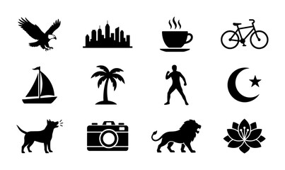 Fototapeta premium Diverse Silhouette Icon Set: Eagle, Cityscape, Coffee, Bicycle, Sailboat, Palm Tree, Runner, Crescent Moon, Dog, Camera, Lion, Lotus Flower Vector Graphics