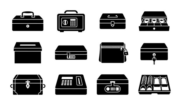 Secure Storage Icons Set, Vector Collection of Safety Deposit Boxes, Lockers, and Treasure Chests for Financial Security and Asset Protection