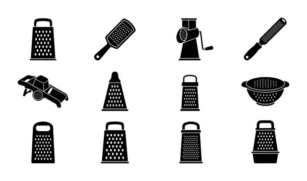 Kitchen Grater Collection, Food Preparation Tools, Culinary Utensils Set, Vector Icons for Cooking and Gastronomy