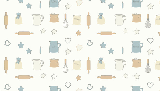 Baking tools and ingredients seamless pattern background