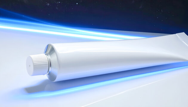 Clean White Toothpaste Tube with Blue Light Streaks.