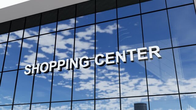 Modern glass building with prominent "Shopping Center" signage, ideal for retail, commercial real estate, shopping malls, and urban business concepts.