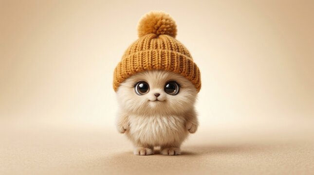 Small fluffy baby animal looking creature with big expressive eyes wearing soft cozy brown knitted beanie hat with pompom standing on neutral light beige backdrop.