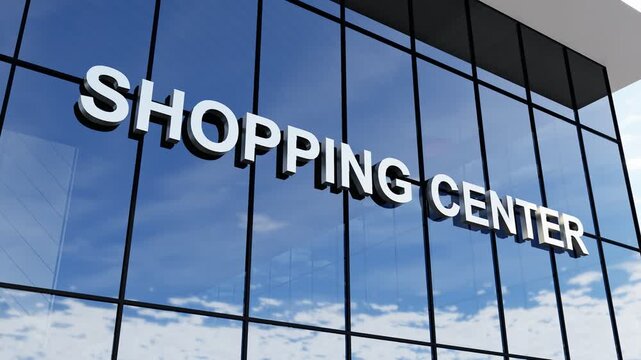 Modern glass building with prominent "Shopping Center" signage, ideal for retail, commercial real estate, shopping malls, and urban business concepts.