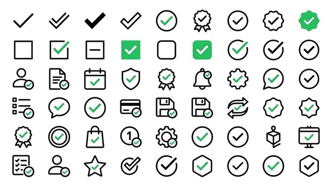 Comprehensive set of check mark and validation icons for user interface design and web development