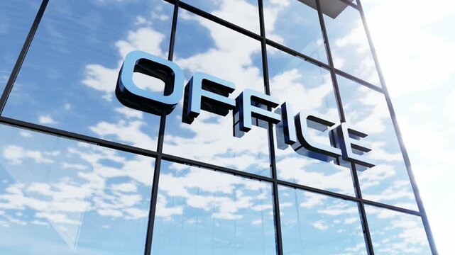 Modern glass building featuring prominent "Office" signage, ideal for corporate business, office spaces, commercial real estate, and urban architecture concepts.