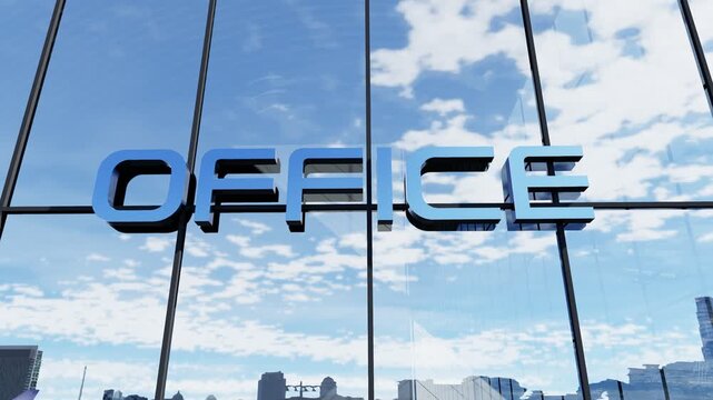 Modern glass building featuring prominent "Office" signage, ideal for corporate business, office spaces, commercial real estate, and urban architecture concepts. 3d animation.