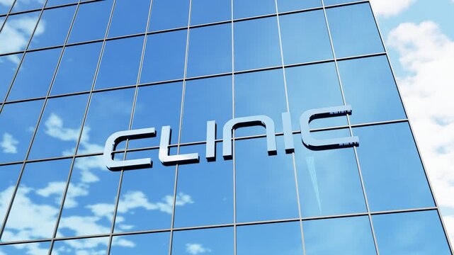 Modern clinic building with a glass facade and prominent clinic signage, ideal for healthcare, medical services, outpatient care, and corporate healthcare concepts.