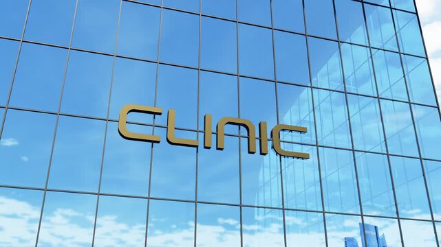 Modern clinic building with a glass facade and prominent clinic signage, ideal for healthcare, medical services, outpatient care, and corporate healthcare concepts.