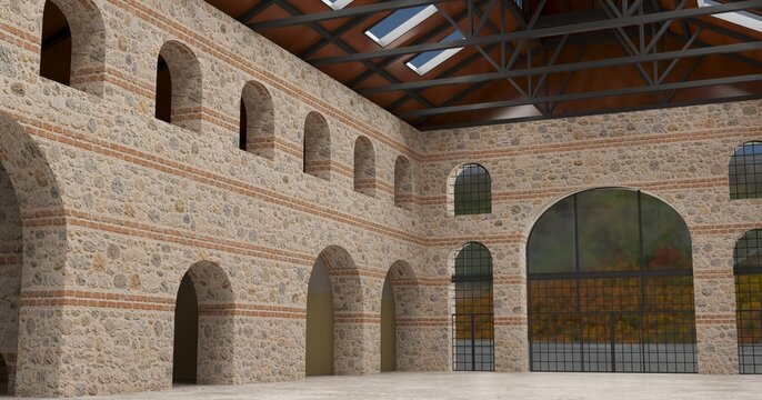 Spacious industrial hangar featuring natural stone walls and an empty warehouse interior, ideal for shipyard, workshop, architectural visualization, and industrial design concepts.