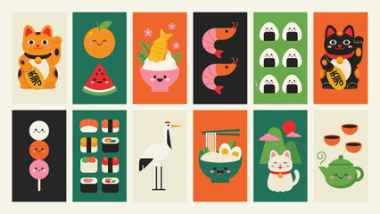 Fototapeta premium Japanese food and culture illustration set with cute mascots, illustration