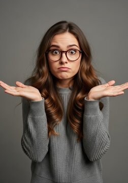 Confused Young Woman Shrugging Shoulders with I Don't Know Expression Wearing Glasses and Grey Sweater on Grey Background