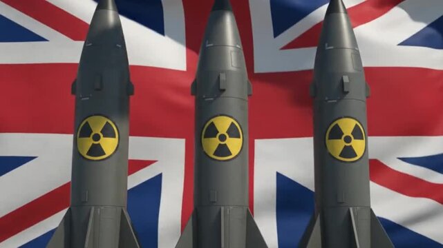 Three nuclear missiles against a british flag background