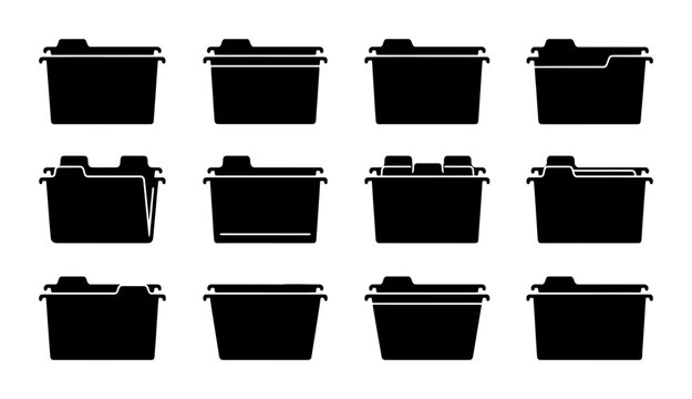 12 Black File Folder Icons, Document Organization Vector Set, Office Supplies and Archiving Graphics