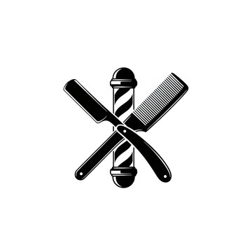 stylized black vector silhouette of a straight razor, comb, and classic barber pole crossed iconically on a stark white background, designed for high-contrast branding. concept for professional