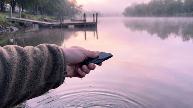 Hand Skipping Smooth Flat Stone Across Calm Misty River at Sunrise