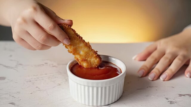 Crispy breaded chicken strip being dipped into a ramekin of ketchup sauce - close-up food photography.