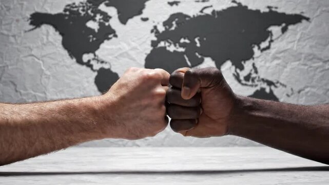 Diverse hands fist bump in front of a world map
