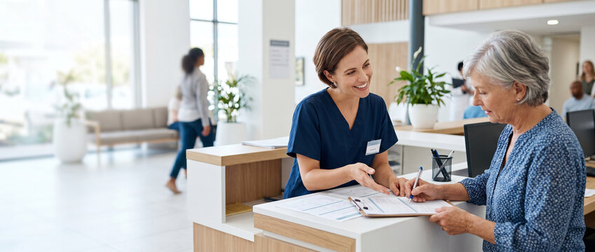 Healthcare administrator assists patient with registration documents at hospital reception, supporting patient intake, medical administration and healthcare services in modern clinic with copy space.