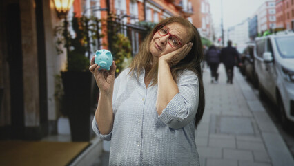 Fototapeta premium Woman holding blue piggy bank, hand on cheek beside parked cars and storefronts on a street; retirement worry savings.