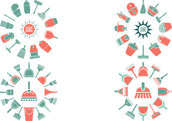 Obraz premium Collection of cleaning and vacuuming icons representing various cleaning tools and supplies arranged in circular patterns suitable for cleaning service or maintenance related projects