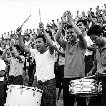 Energetic Asian men in traditional longyi cheering and playing drums in a crowded stadium, expressing excitement and support during a vibrant sporting event.