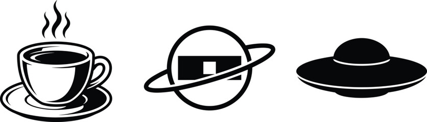 Hot Coffee Cup Planet Saturn Orbit and Alien UFO Spaceship Silhouette Icon Set © PJ DeSign