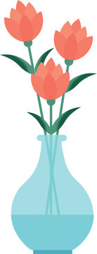 A beautiful and minimalist flat vector illustration of an orange tulip arranged in a translucent blue glass vase. This clean graphic is perfect for greeting cards spring promotional materials.