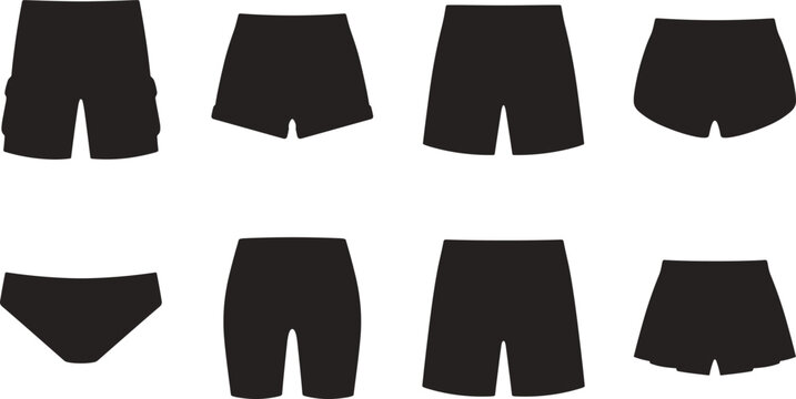 Men And Women Shorts Styles Vector Silhouette Icons Set Including Cargo Cycling And Running Shorts