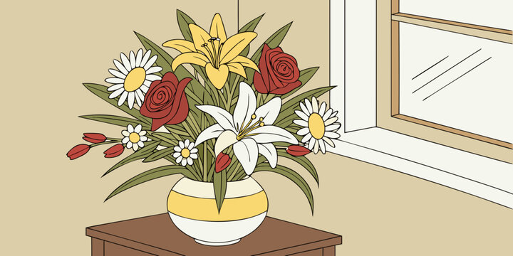 Still life bouquet of lilies and roses in striped vase near window with interior