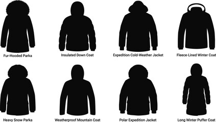 Winter Coat And Parka Outerwear Styles Vector Silhouette Icons Set Including Down Coat And Puffer © Mehedi